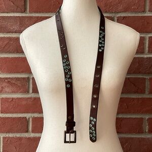 Brown Leather Boho Belt Blue Decorative Holes Size 31”-35”